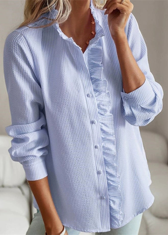 Blue Shirt Ruffled Patchwork Puff Sleeve