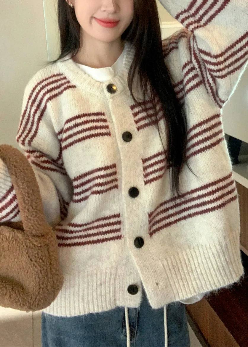 Natural Red Striped O-neck Cotton Knit Cardigan Long Sleeve