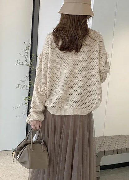 French Apricot O Neck Hollow Out Knit Sweaters Fall