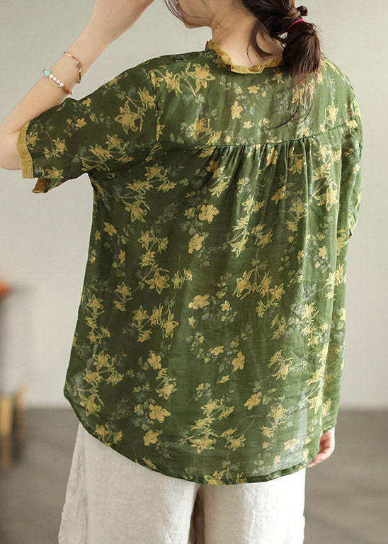 Green Ruffled Print Button Linen Shirt Short Sleeve