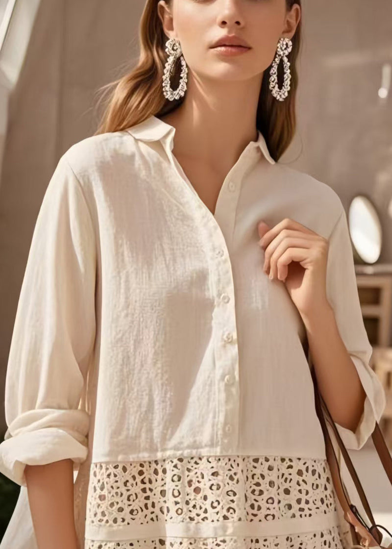 Simple Apricot Hollow Out Patchwork Lace Shirts Spring