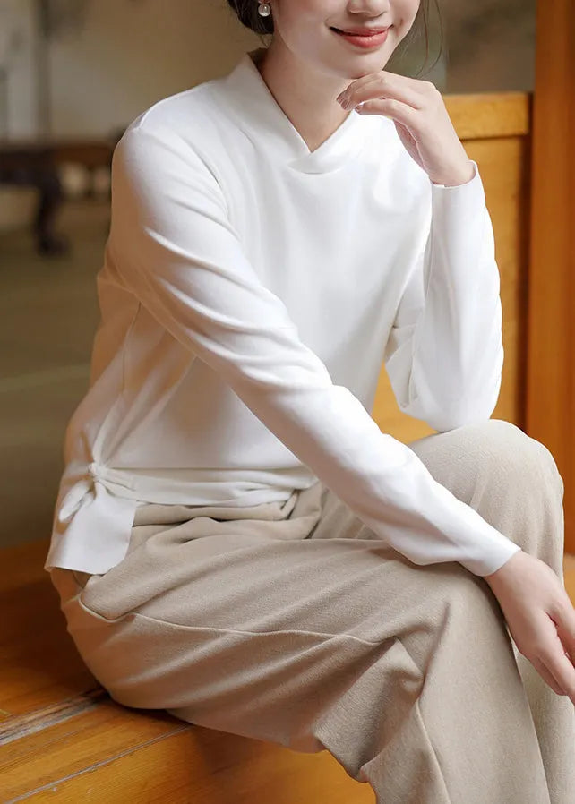 White Stand Collar Patchwork Cotton T Shirt Tops Spring