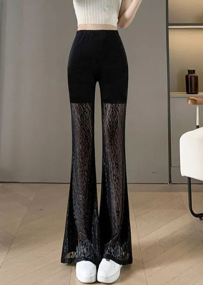 New Black Lace Splicing High Waist Bellbottom Pants Summer