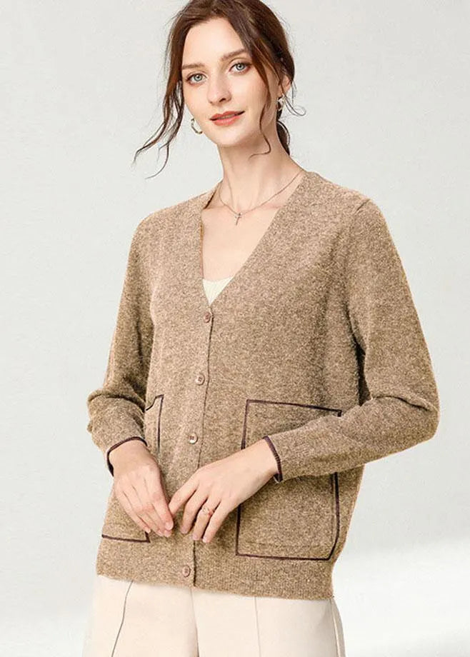 Italian Khaki V Neckpockets Spring Cardigan Long Sleeve