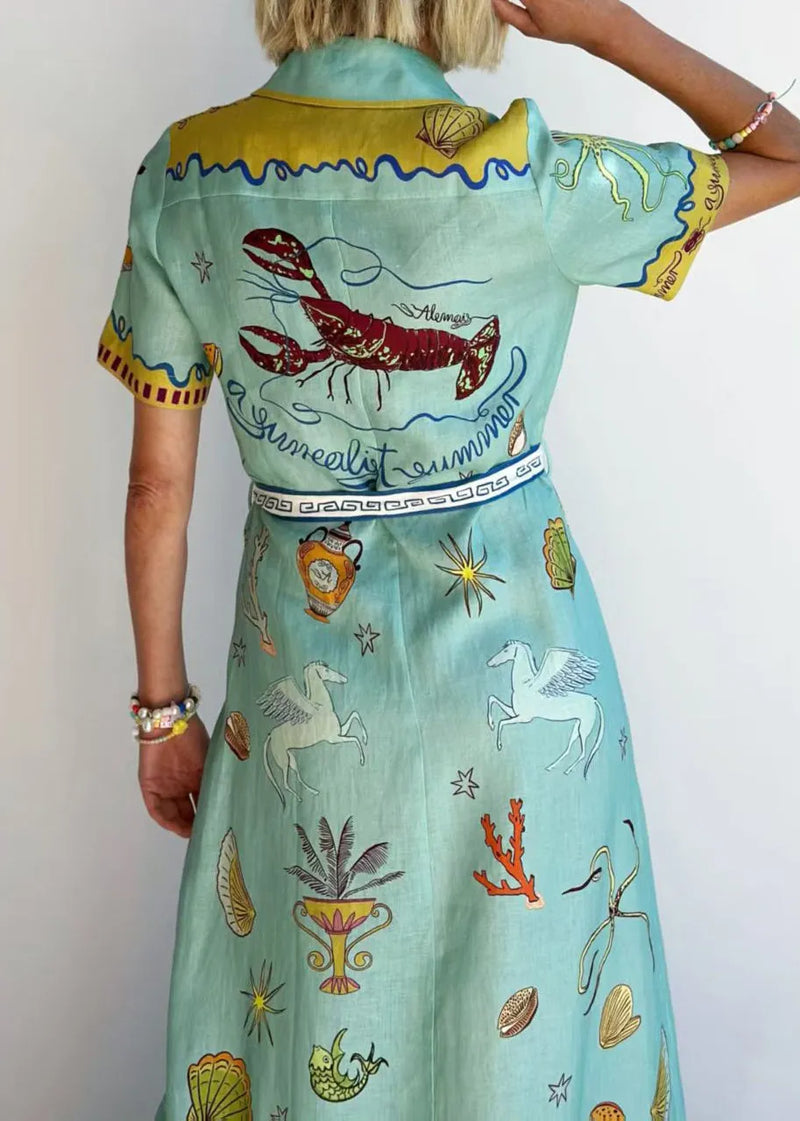Style Blue Peter Pan Collar Print Lace Up Cotton Shirts Dress Summer