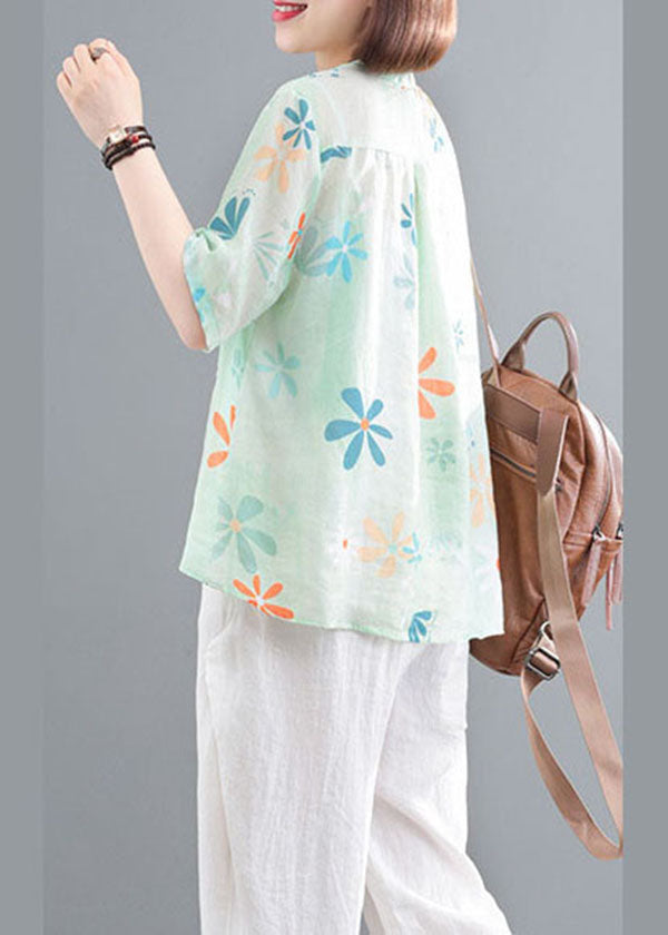 Green O-neck Button Wrinkled Print Cotton Shirts Half Sleeve