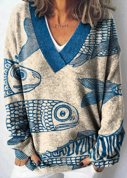 V Neck Print Knit Sweaters Spring