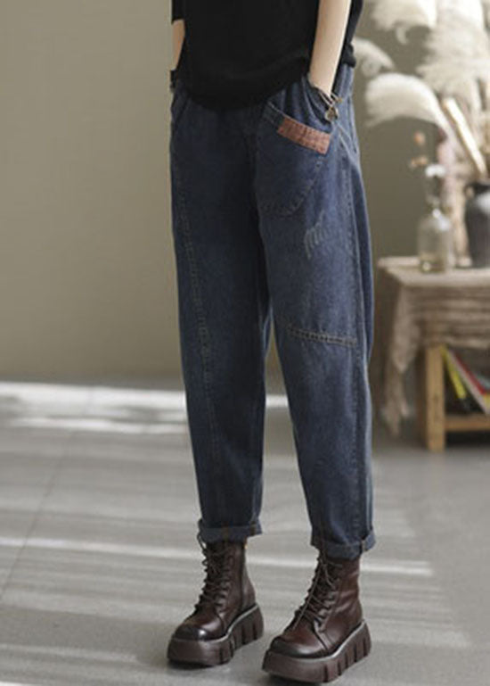 Blue Elastic Waist Pockets Cotton Denim Pants Spring
