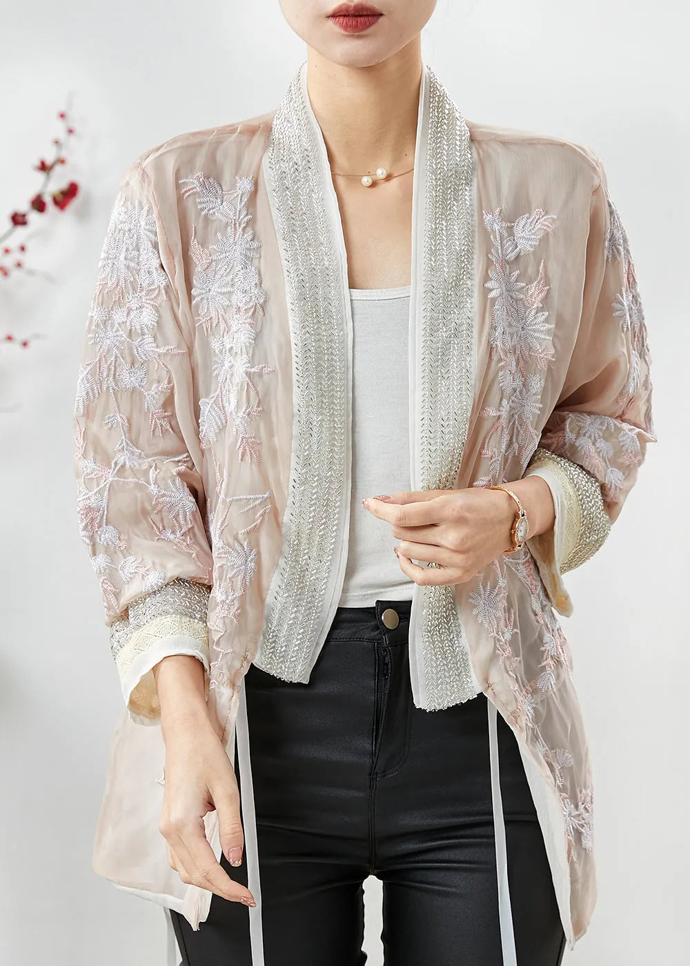 Apricot Embroidered Silk Cotton Cardigan Summer