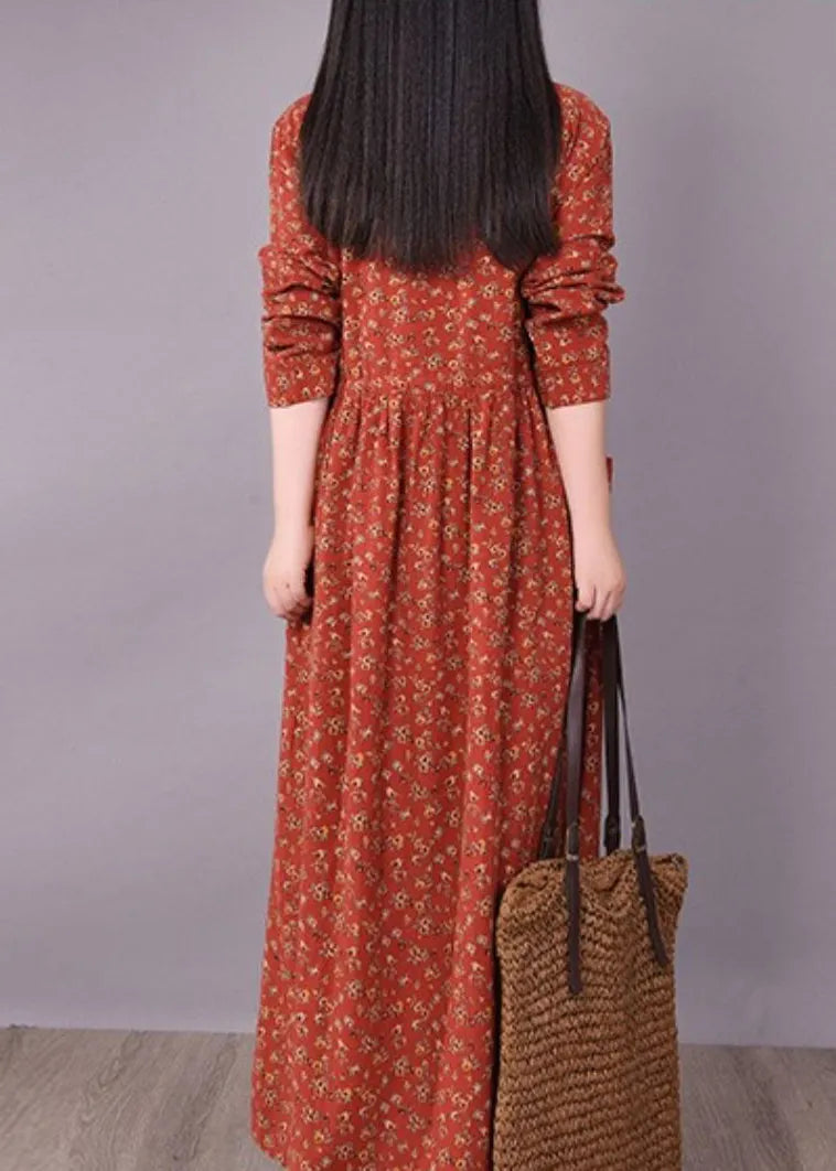 Brick Red Cinched Print Linen Long Dress Long Sleeve