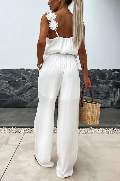 Color Embroidered Flower Suspenders Loose Jumpsuit