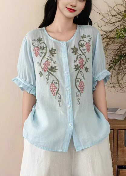Blue Embroidered Linen Top Summer