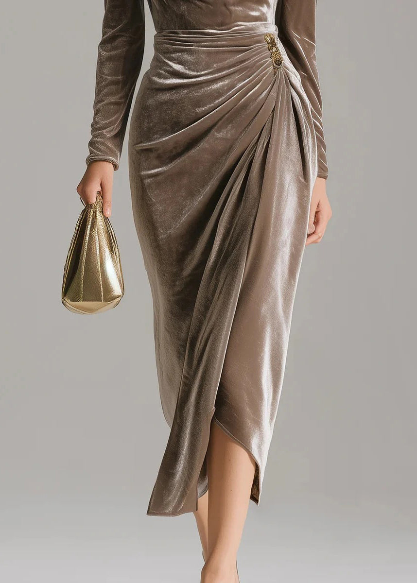 French Brown Square Collar Wrinkled Patchwork Velvet Dress Fall