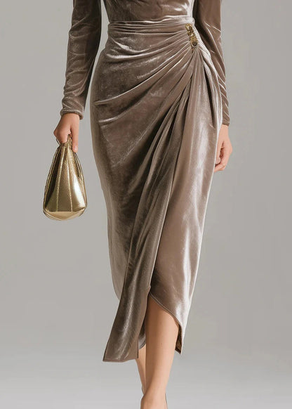 French Brown Square Collar Wrinkled Patchwork Velvet Dress Fall