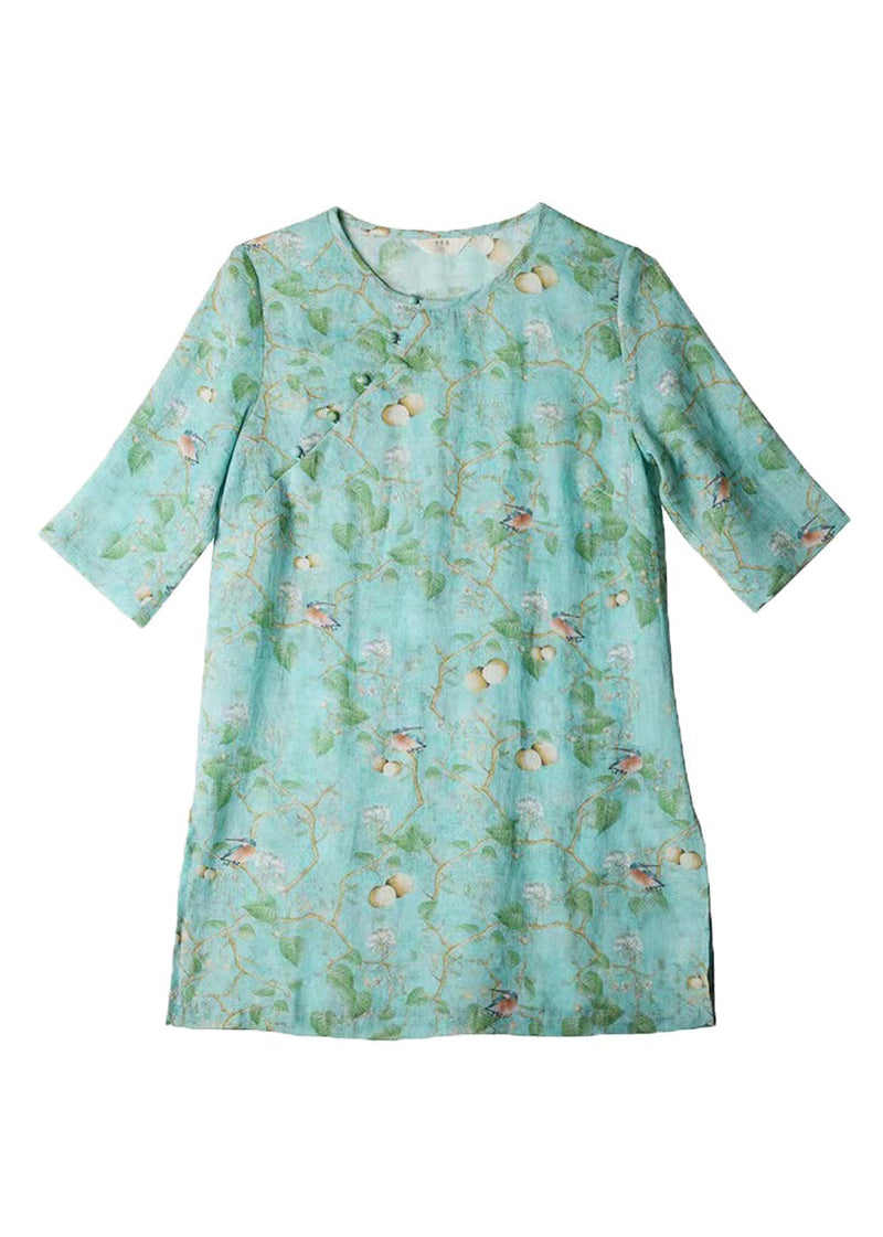Green O Neck Print Linen Shirt Top Bracelet Sleeve
