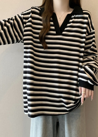 Black Oversized Striped Cotton Blouses Fall