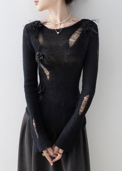 Black O Neck Tassel Knit Top Spring