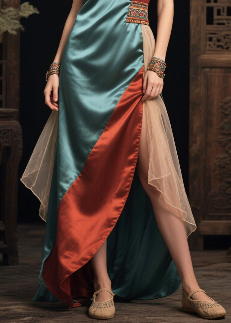 Style Sea Blue Asymmetrical Patchwork Silk Vacation Dresses Sleeveless