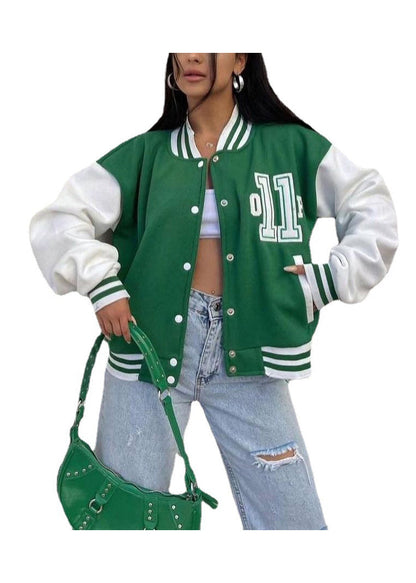 Green Printed Thick Baseball Uniform Coat Autumn