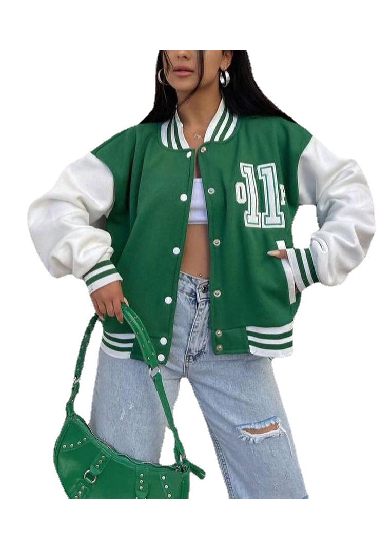 Green Printed Thick Baseball Uniform Coat Autumn