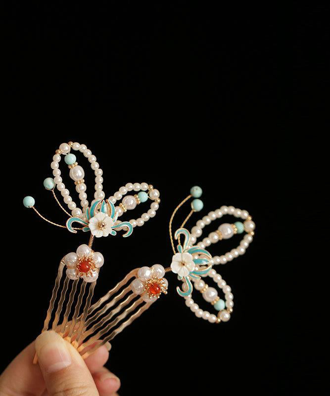 Colorblock Copper Pearl Crystal Cloisonne Butterfly Hairpin
