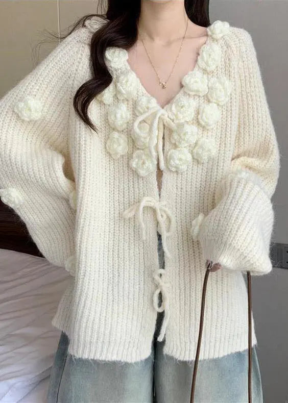 Cozy White Decorated Lace Up Knit Cardigan Fall