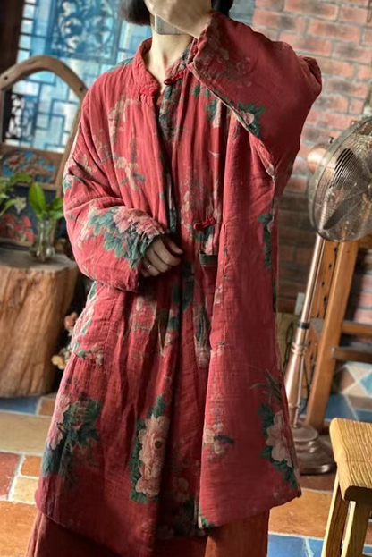 -retro Large Flower Double Layer Cotton Loose Cotton Jacket