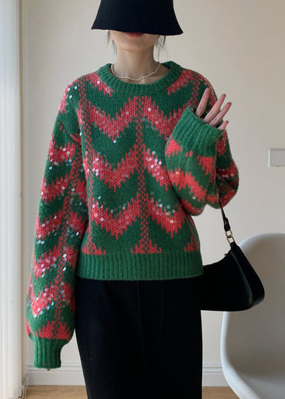 Green O Neck Sequins Patchwork Knit Sweaters Winter