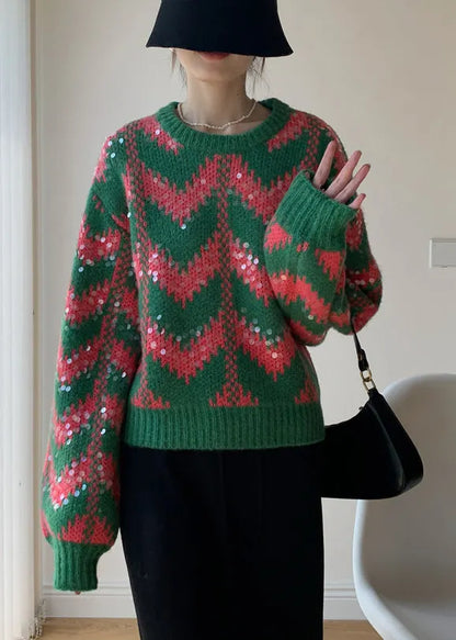 Green O Neck Sequins Patchwork Knit Sweaters Winter