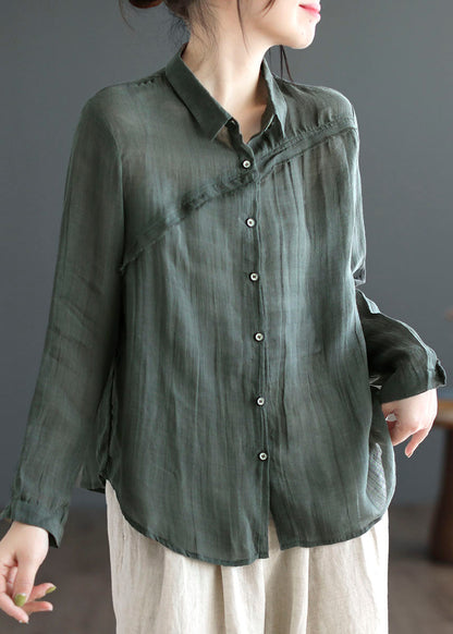 Green Peter Pan Collar Patchwork Linen Blouses Long Sleeve