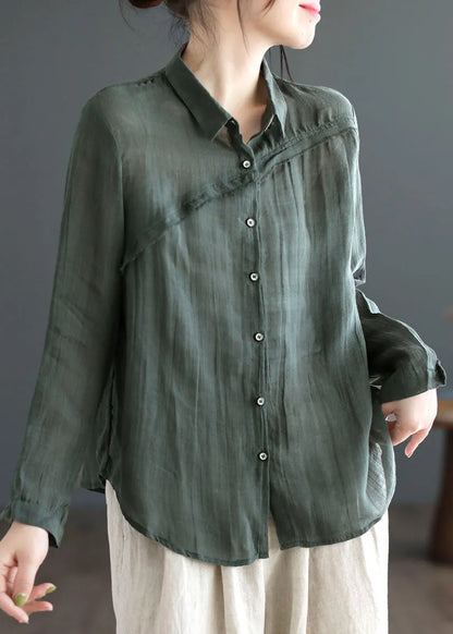 Green Peter Pan Collar Patchwork Linen Blouses Long Sleeve