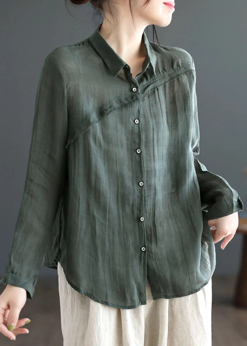 Green Peter Pan Collar Patchwork Linen Blouses Long Sleeve