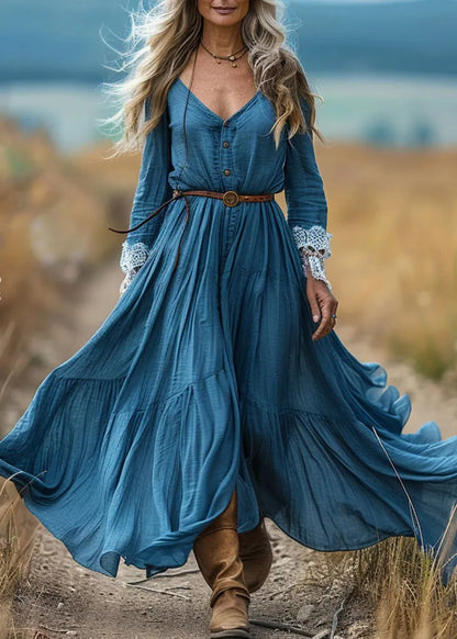 Organic Blue V Neck Lace Wrinkled Patchwork Cotton Long Dress Spring