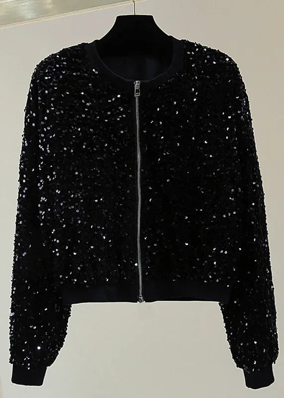 Stylish Black O-neck Patchwork Sequins Silk Velvet Coat Spring