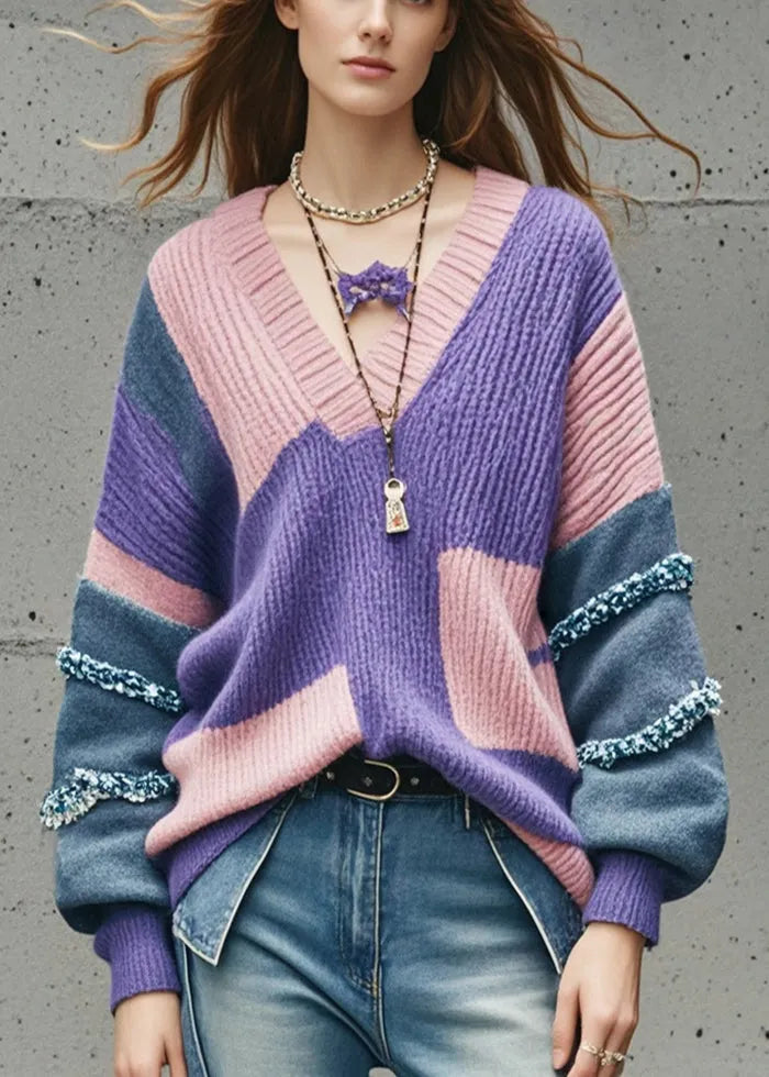 Purple V Neck Patchwork Thcik Sweaters Fall