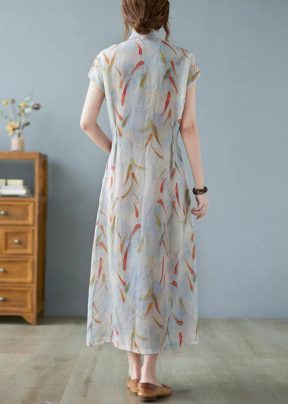 Print Tie Waist Linen Long Dress Summer