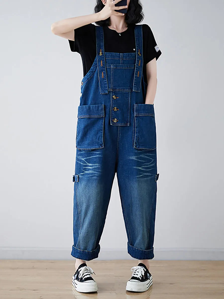 Spliced Washed Denim Loose Jumpsuits