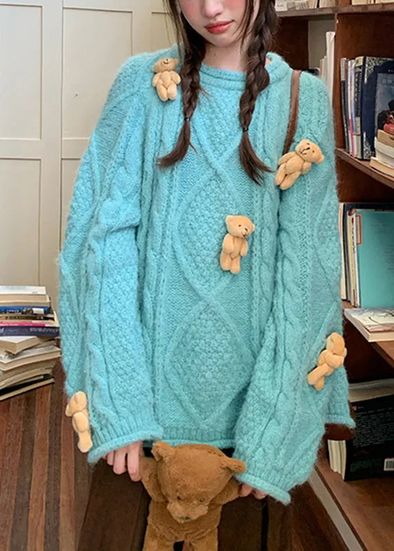 Modern Blue O-neck Little Bear Thick Cotton Knit Sweaters Fall
