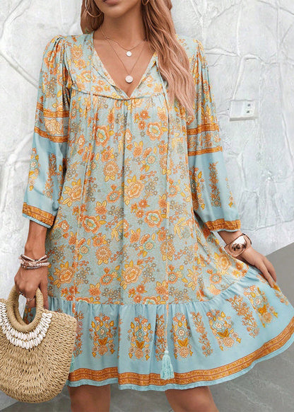 Loose Apricot Print Lace Up Cotton Mid Dress Summer