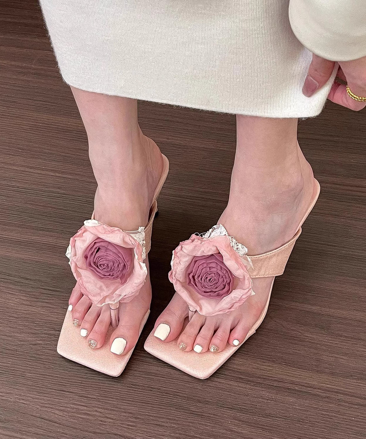 Pink Stiletto Splicing High Heel Flip Flops Peep Toe
