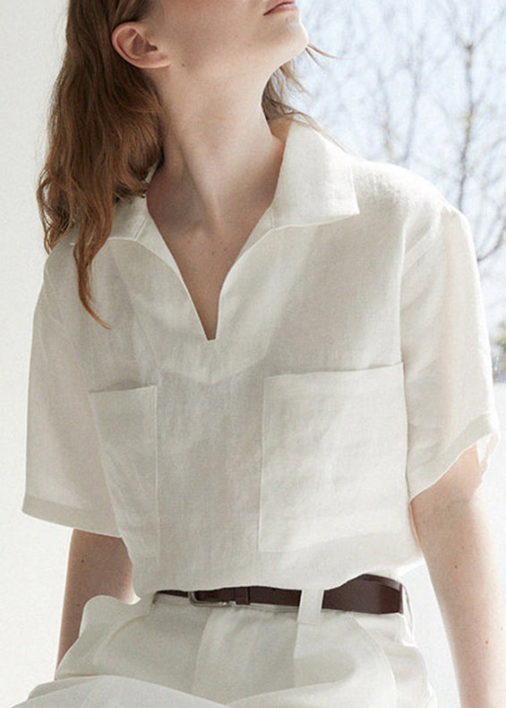 Simple Style Beige V Neck Pockets Linen Shirts Summer