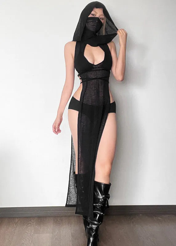 Black Side Open Hollow Out Hooded Sleeveless Dress