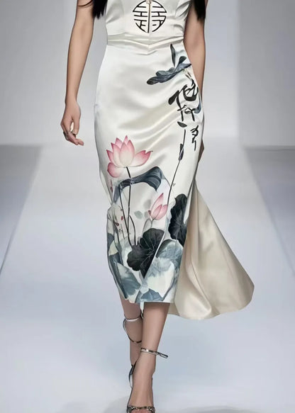 New Retro White Print Silm Fit Wraped Dress Sleeveless