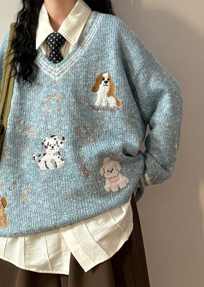 Blue V Neck Little Dog Bow Knit Sweater Spring