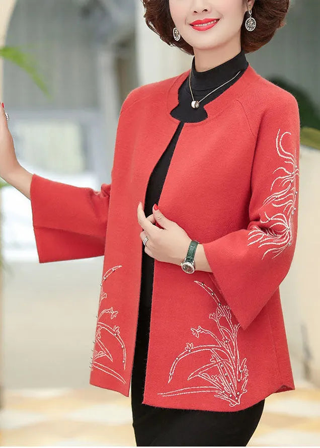 Red Print Woolen Cardigans O-neck Oversized Nail Bead Long Sleeve