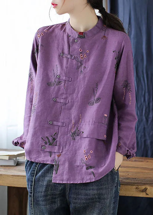 Purple Linen Shirts Top Stand Collar Embroidered Long Sleeve