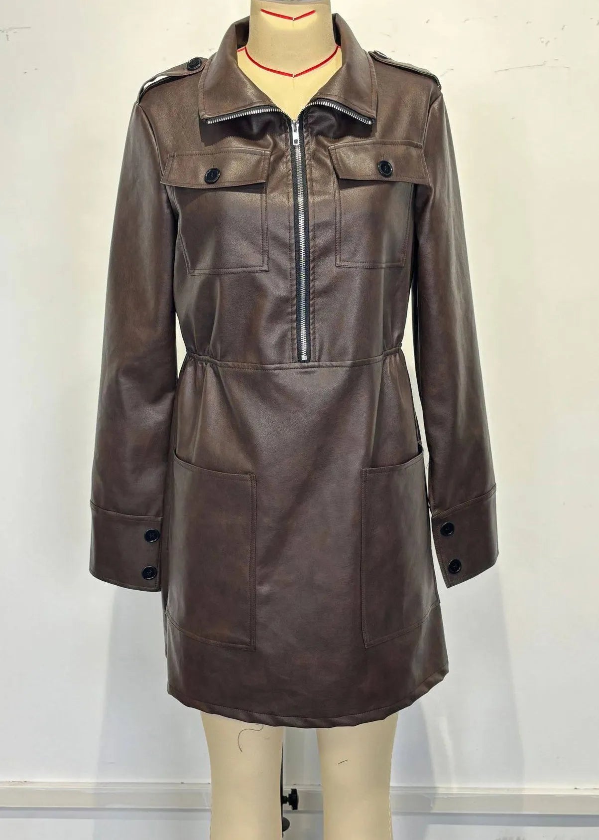Coffee Peter Pan Collar Zippered Patchwork Faux Leather Mid Dress Spring