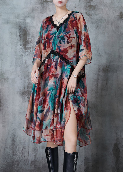 V Neck Print Chiffon Beach Dresses Summer