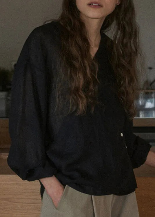 New Chinese Style V Neck Loose Linen Top Spring