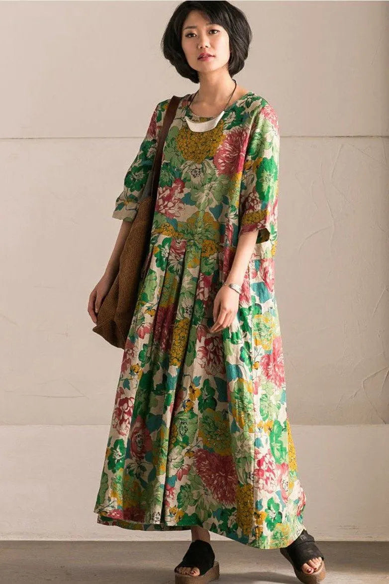 Retro Cotton Linen Flower Long Dress Summer Outfits